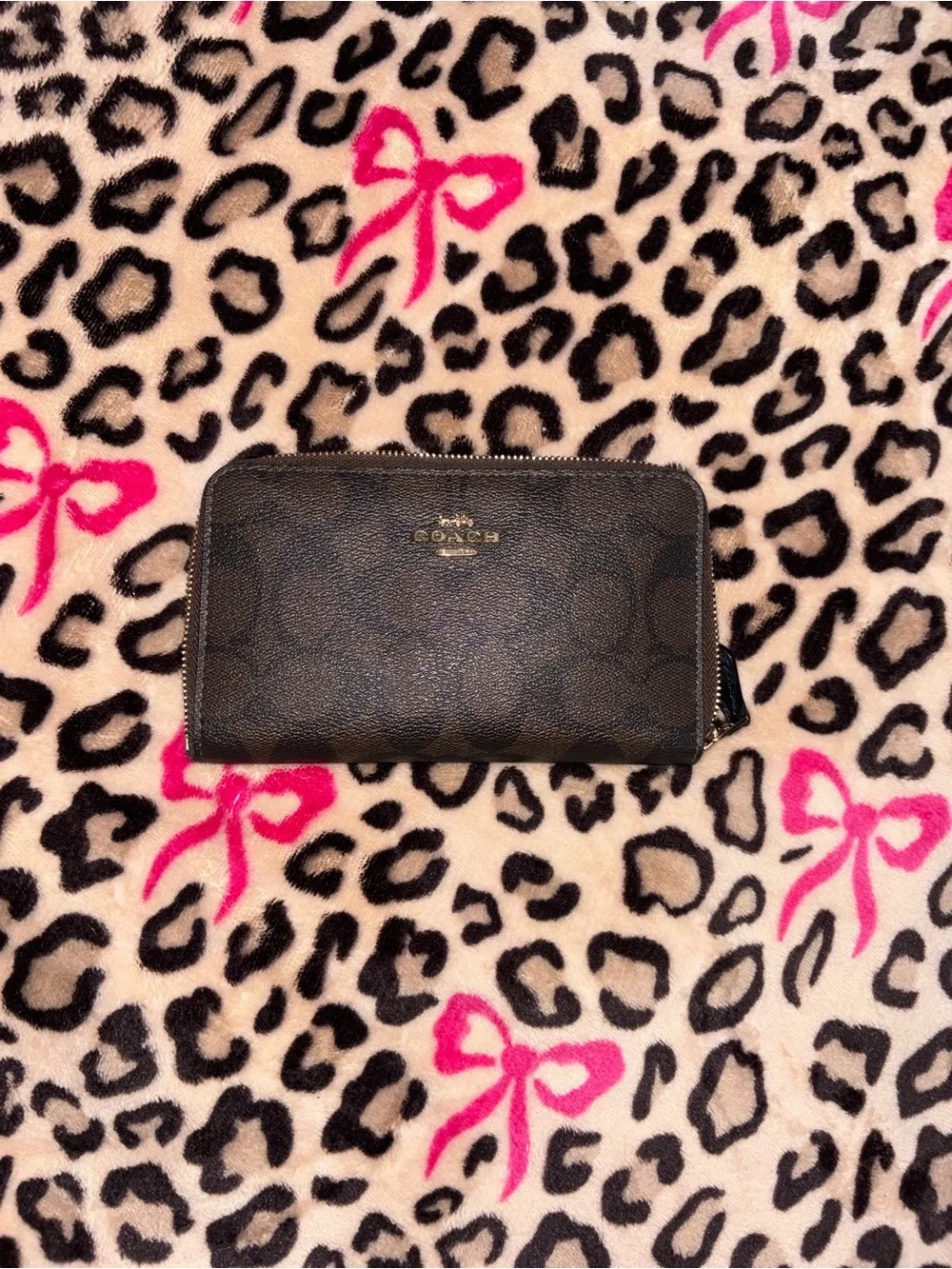 Coach Brown/Black Signature Zip Around Wallet with Gold Logo